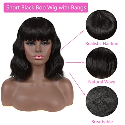 Cololıly Kısa Siyah Bob Peruk Patlama ile 12 inç Sentetik Kısa Kıvırcık Peruk Siyah Kadınlar için Makine Yapımı Doğal Görünümlü