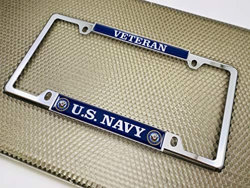 ABD Donanması Veteran-Kubbeli Ismarlama Kişiselleştirilmiş Dar (İnce) Üst 4 Delikli Metal Araba Plaka Çerçevesi, Ücretsiz kapaklı-Krom