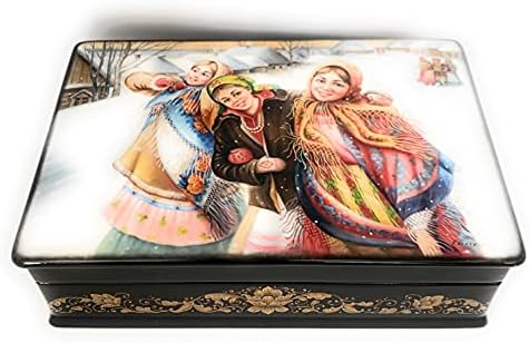 Özel dekoratif mücevher kutusu Rus lake minyatür Üç kız. Kartonpiyer Fedoskino yapılmış.Ev dekorasyonu.Rusya'da el yapımı.