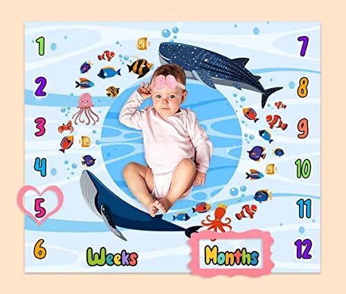 PHMOJEN Bebek Aylık Kilometre Taşı Battaniyesi / Deniz Yaşamı Balina Tropikal Balık Mürekkep Balığı Deniz Suyu Damlaları /