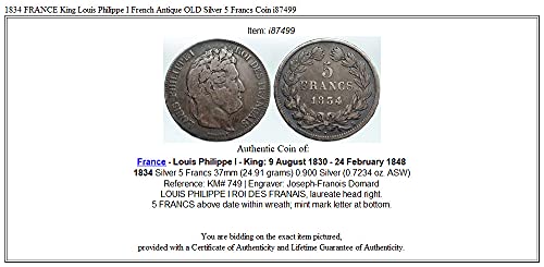 1834 FR 1834 FRANSA Kralı Louis Philippe I Fransız Antika 5 Frank İyi Sertifikasız