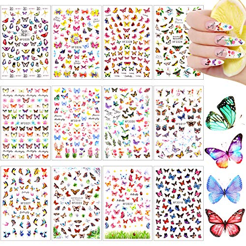 Blulu 24 Yaprak Kelebek Tırnak Sanat Çıkartmalar Renkli Kelebek Çiçek Tırnak Çıkartmalar Karışık Tasarım Kendinden Yapışkanlı