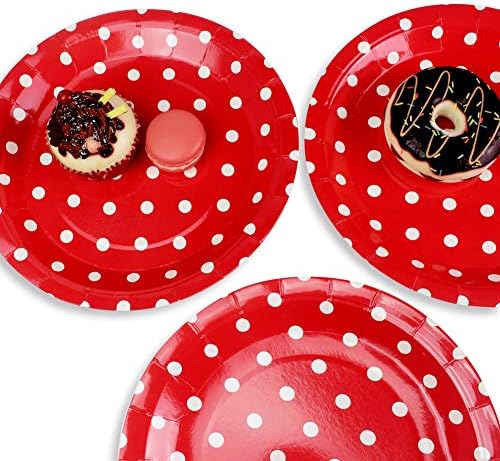 Kırmızı Polka Dot Kağıt Tabaklar 36 adet - 9 inç Biyobozunur Yuvarlak Parti Tabaklar için Kek, Tatlı, Aperatif, Meyve