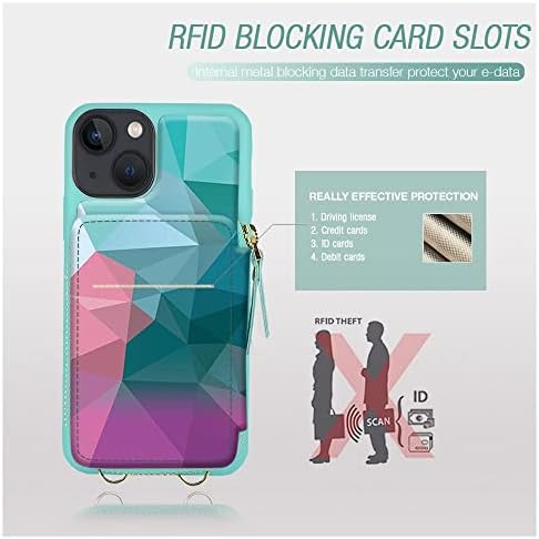 ZVE iPhone 13 RFID Cüzdan Kılıf (6.1 inç), Fermuar CrossbodyPhone Kılıf ile kart Tutucu Bilek Kayışı Çanta Kapak Kadınlar için