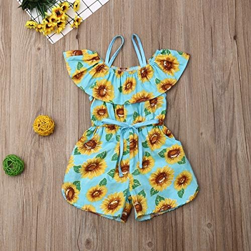 Toddler Bebek Kız Ayçiçeği Giysileri Kapalı Omuz Fırfır Çiçek Romper Tulum Genel Kıyafet Sunsuit (A Mavi