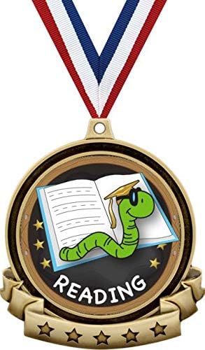 Okuma Madalyaları-2.5 Altın Kitap Solucanı Okuma Madalyası Ödülü, Kırmızı Beyaz ve Mavi Boyun Şeridi, Büyük Okuma Ödülleri