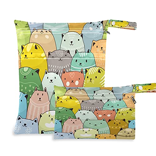 AUUXVA 2 pcs ıslak kuru çanta Su geçirmez karikatür kediler Desen bez bebek bezi çantası kullanımlık iki fermuarlı cepler ile