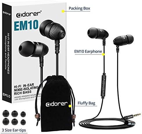 Kablolu Kulaklıklar, Adorer EM10 Mikrofonlu ve Ses Kontrollü Güçlü Bas Kulak İçi Kulaklıklar, Gürültü Yalıtımlı Kulaklıklar-Siyah