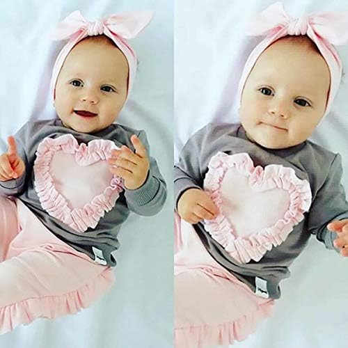 Sevgililer Günü 3 Adet Toddler Bebek Kız Uzun Kollu Kalp Desen Kazak T-Shirt Tops + Ruffled Uzun Pantolon + Kafa Bandı 3 Adet
