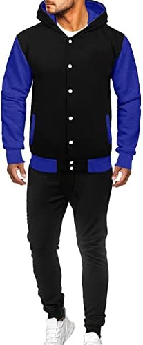 XXBR Patchwork Eşofman Mens için, renk Blok Düğme Kapşonlu Casual Tişörtü Beyzbol Sweatpants 2 Parça Kıyafetler Set