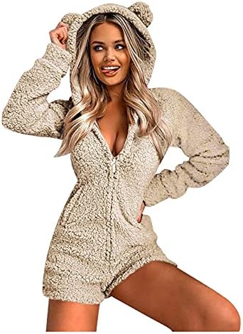 Kadınlar için pijama peluş kapüşonlu tulum rahat kış sıcak uzun kollu Polar sevimli ayı kulak kapağı Romper pijama