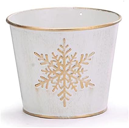 Bir Tatil Yolu 4-İnç Sıkıntılı Beyaz Teneke Metal Bitki Pot Kapak w / Altın Kabartmalı Kar Tanesi-Kapalı Açık Noel Noel Ekici-Dekoratif