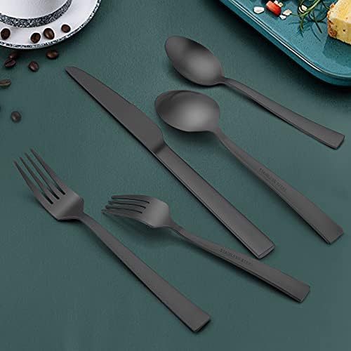 Siyah Gümüş Set, HaWare 40 Parça Paslanmaz Çelik Kare Sofra Takımı çatal bıçak kaşık seti için 8, Modern Sofra Yeme Eşyaları