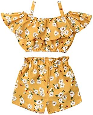 Yürüyor Çocuk Bebek Kız Kapalı Omuz Çiçek Mahsul Tops + Şort Pantolon Kıyafetler Giysileri 2 Adet Set
