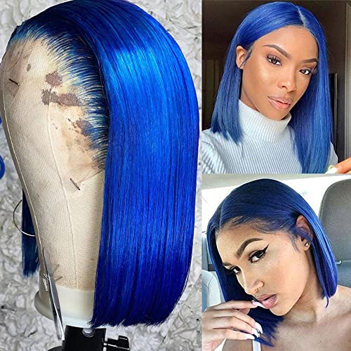 Mavi Bob Dantel Ön Düz Künt Kesim 13x6x1 Orta T Parçası Frontal Brezilyalı işlenmemiş insan saçı peruk Tutkalsız Renkli Preplucked