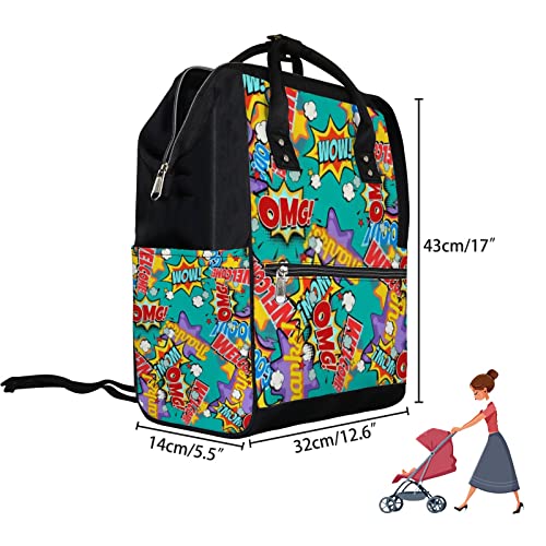 Kuızee Bebek bezi çantası Sırt Çantası Çok Fonksiyonlu Çanta Çizgi Roman Kelimeler Pop Art Retro Mutispandex Büyük Kapasiteli